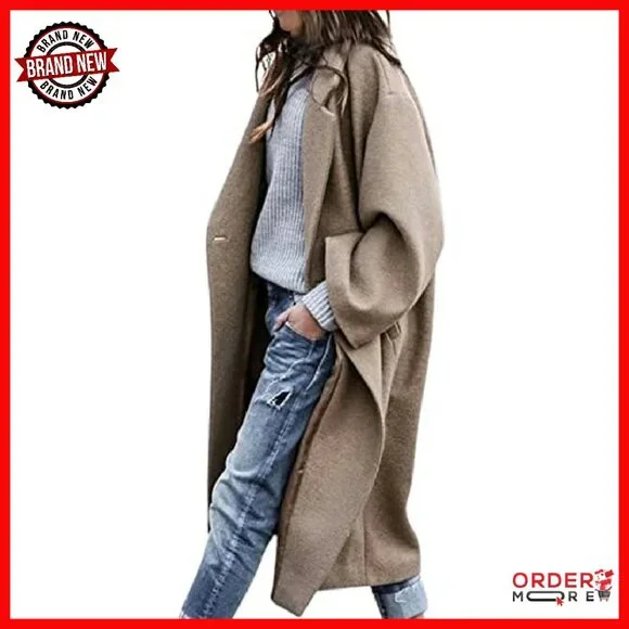 Oversized Wool Blend Trench Coat Midi Length Notched Collar - Picture 2 of 8